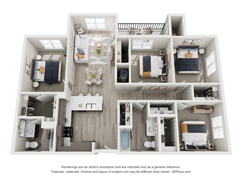 Floor plan for 4 beds, 2 baths, 1303 sqft